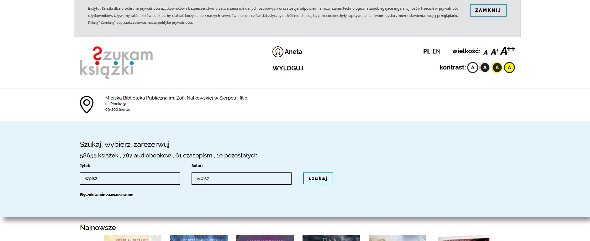 Strona szukamksiązki.pl. U góry ikonka oznaczająca człowieka i imię zalogowanego użytkownika. Poniżej przycisk Wyloguj.