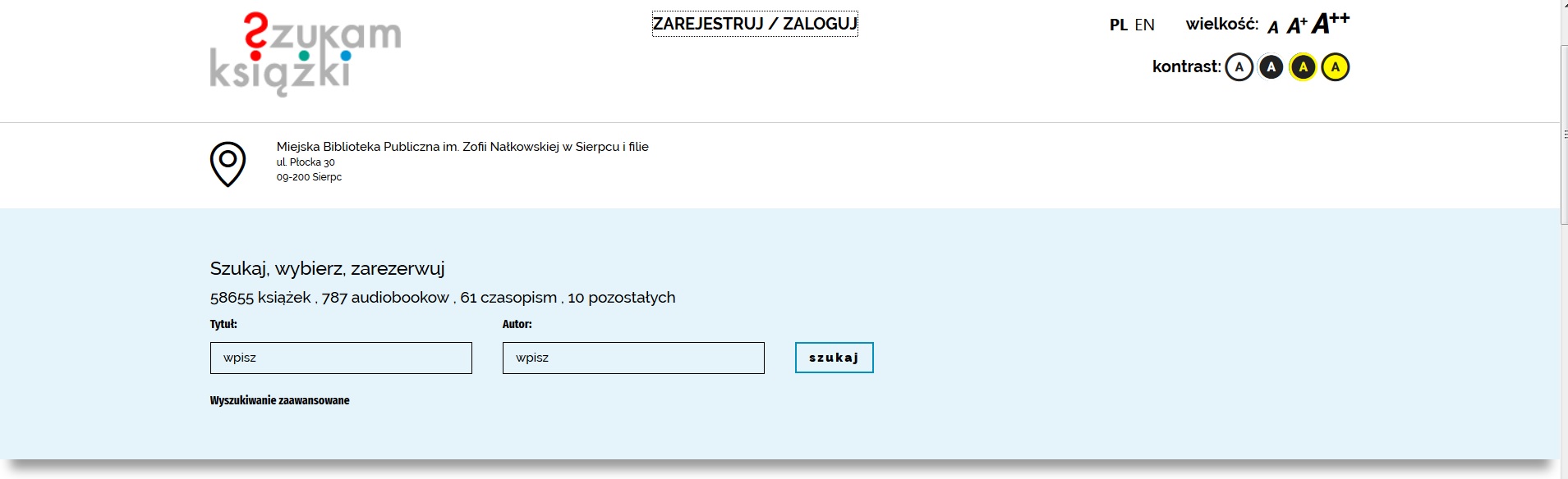 Strona szukamksiążki.pl zapewniająca dostęp do katalogu miejskiej Biblioteki Publicznej w Sierpcu. U góry podświetlony napis "Zarejestruj/zaloguj".