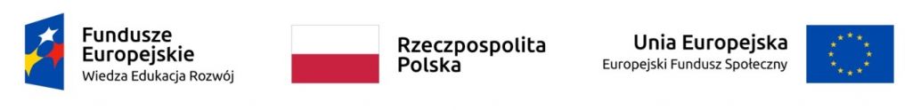 Logotypy projektów unijnych. Od lewej Fundusze Europejskie Wiedza Edukacja Rozwój, następnie flaga i nazwa Rzeczpospolita Polska, po prawej flaga Unii Europejskiej i Europejskiego Funduszu Społecznego.