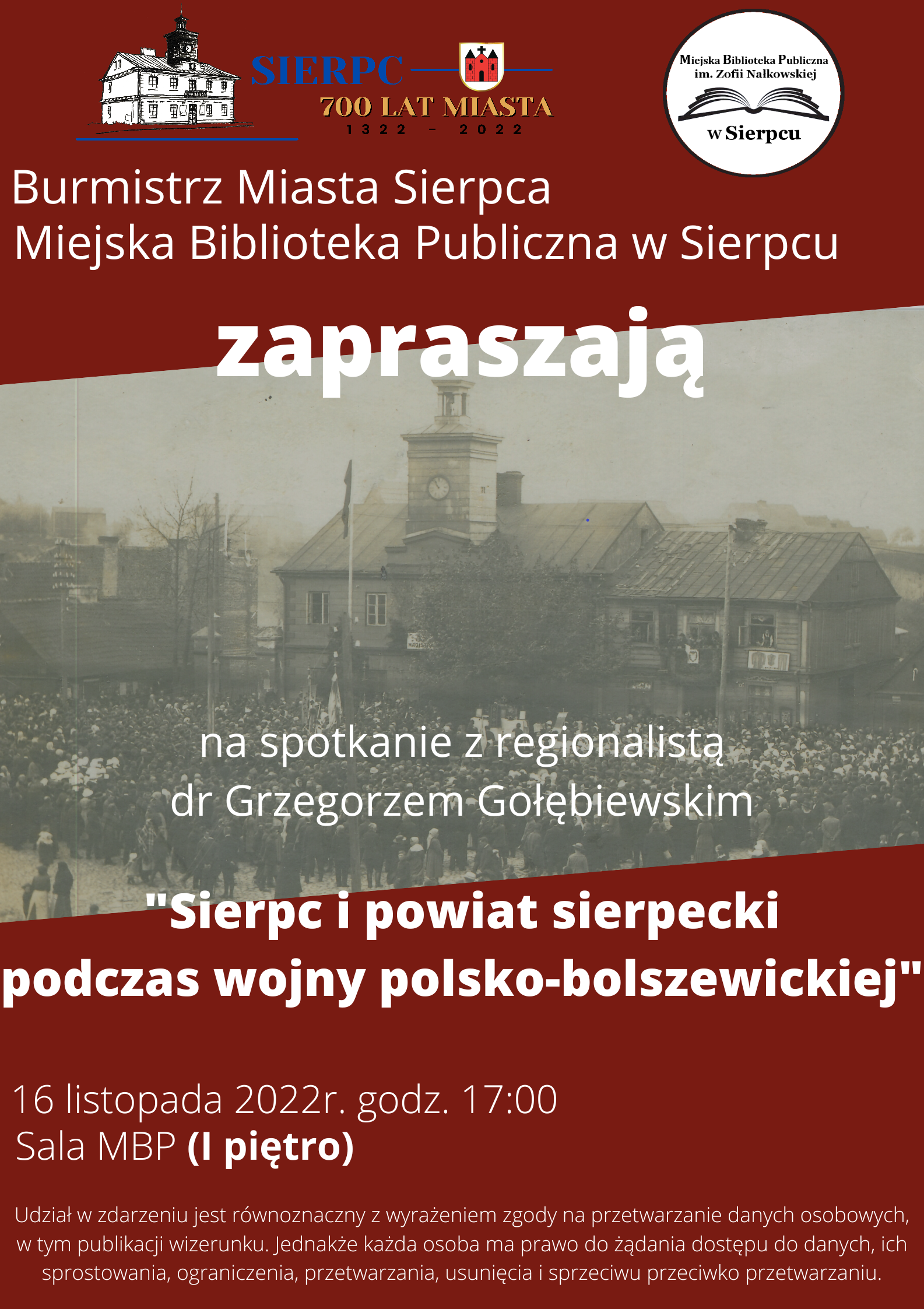Plakat zapraszający na spotkanie z regionalistą dr Grzegorzem Gołębiewskim, które odbędzie się w środę 1️⃣6️⃣ listopada o godzinie 17:00 w sali na I piętrze Biblioteki Głównej przy ul. Płockiej 30.