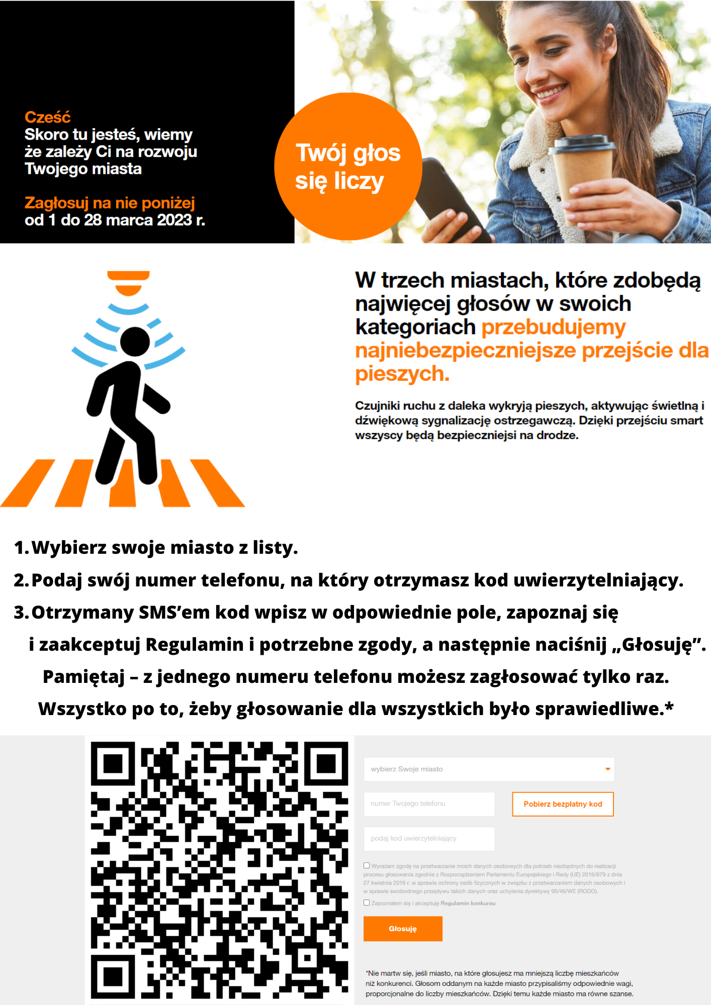 Plakat zachęcający do głosowania na miasto Sierpc na inteligentne przejście dla pieszych. Zawiera kod QR kierujący do strony z formularzem do głosowania. Wymagane podanie numeru telefonu, na który przyjdzie kod uprawniający do głosowania