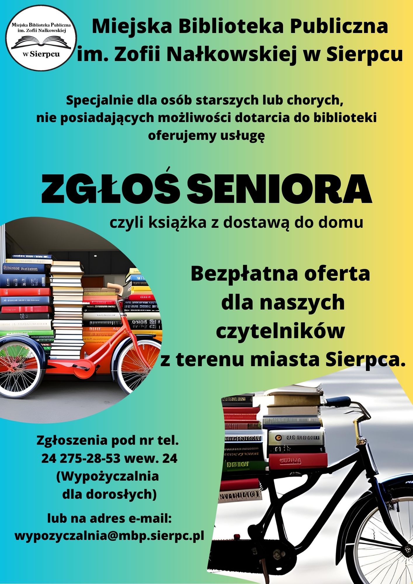 Plakat promujący akcję Zgłoś seniora. książka z dostawą do domu